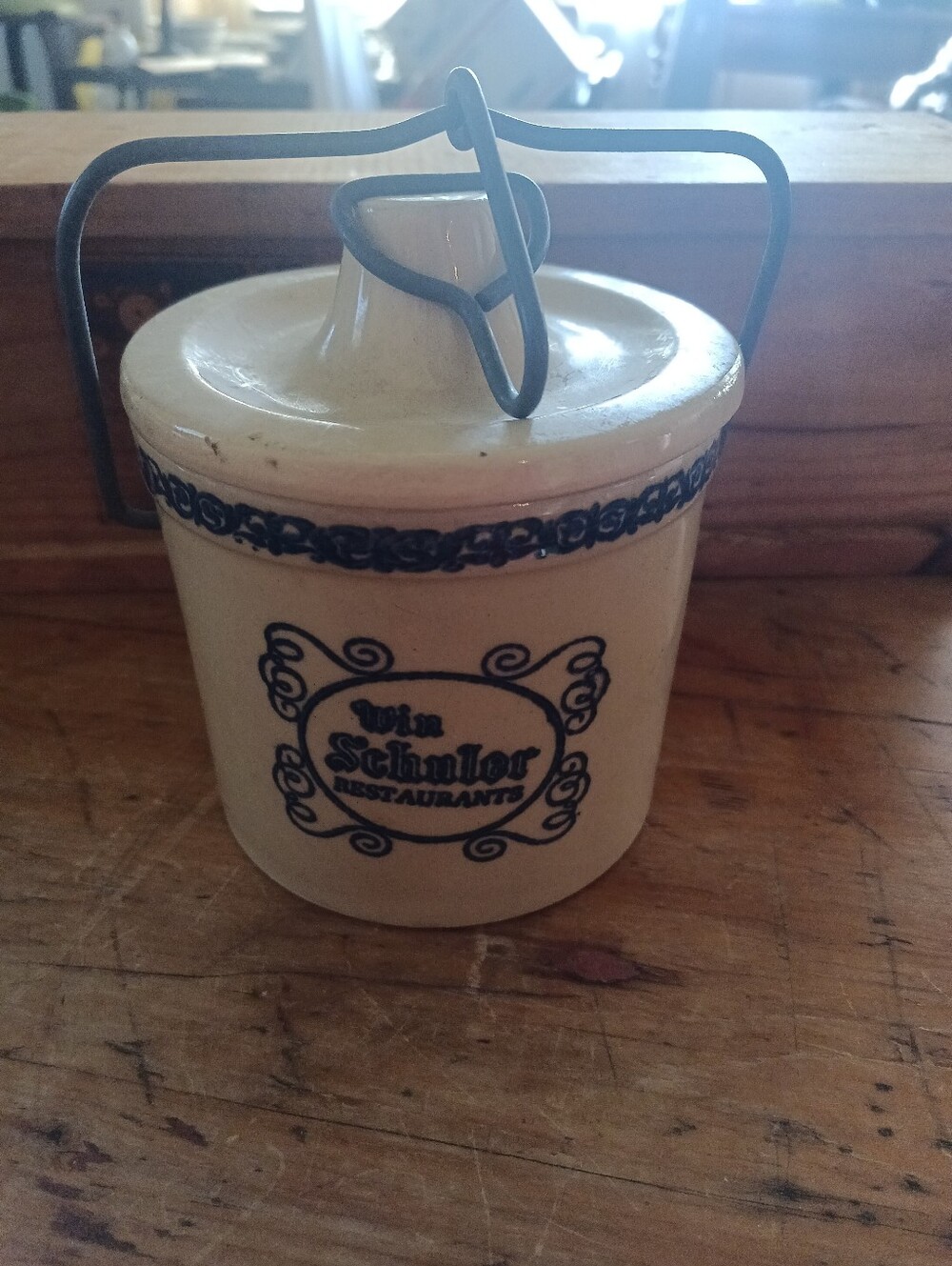 Wm Schuler Restaurant Vintage stoneware Crock  with fitted lid Wire Clamp.